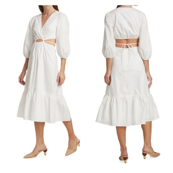 ASTR White Cutout Surplice Midi Dress Puff Sleeve Resort Vacation L NWT - Picture 12 of 14